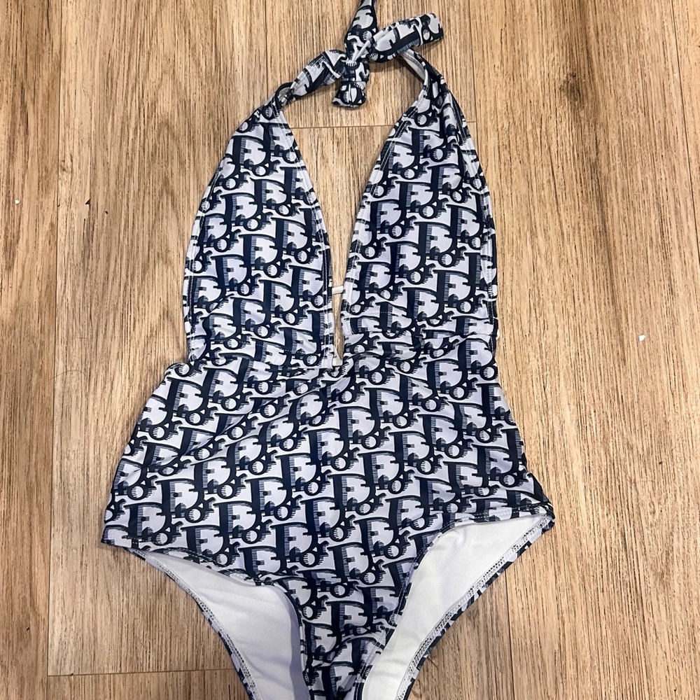 Dior Monogram Halter One-Piece Swimsuit - Navy and White